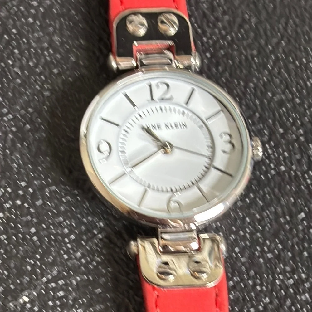 Anne Klein Red Leather Strap Watch Silver Tone Working Dainty​